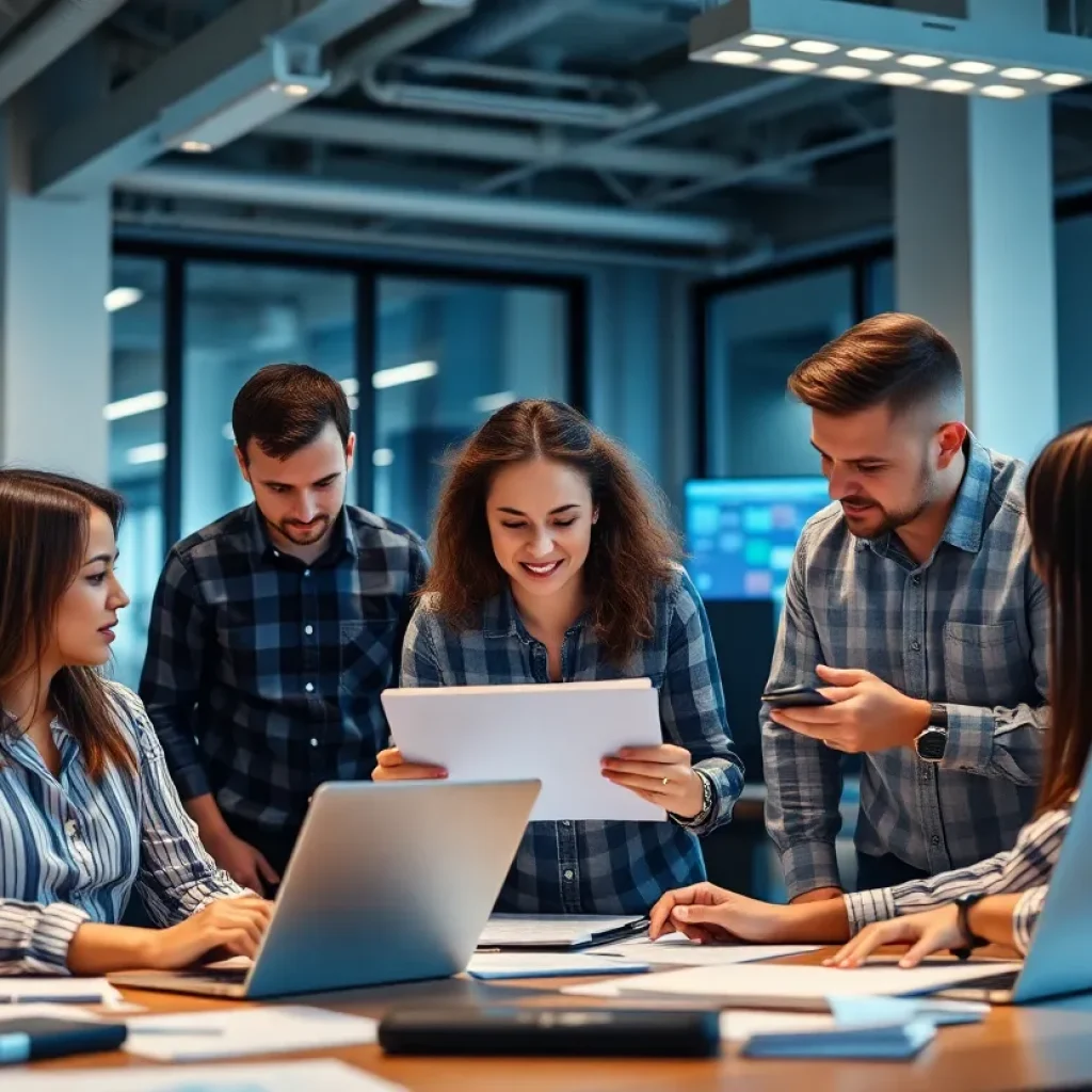 Team collaborating on construction software technology