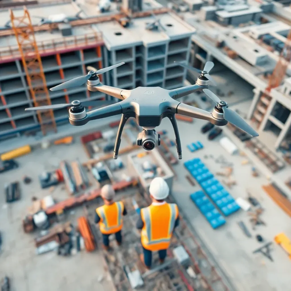 A modern remote construction site utilizing technology for project management.