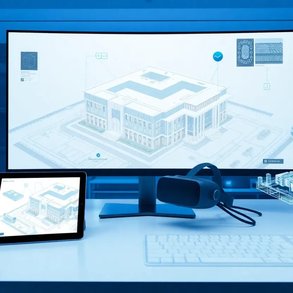 Federated 3D building model with linked 2D drawings displayed across desktop, tablet and smartphone