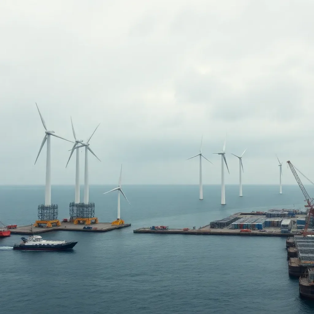 Installed offshore wind turbines and idled service vessels off the coast after construction halt