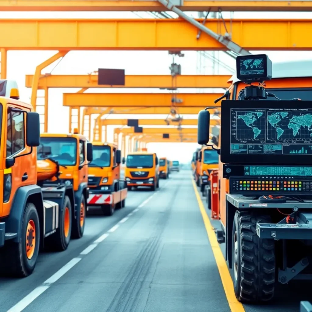 Heavy machinery on a road construction site with monitoring technology