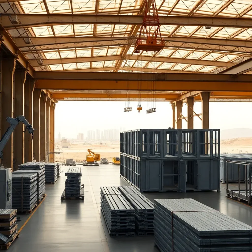 Interior view of a modular construction factory with robotic welding arms, stacked prefabricated units and structural steel frames under assembly