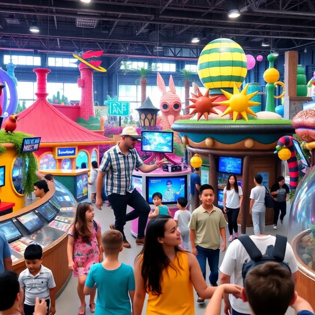 A theme park with various attractions and happy visitors.