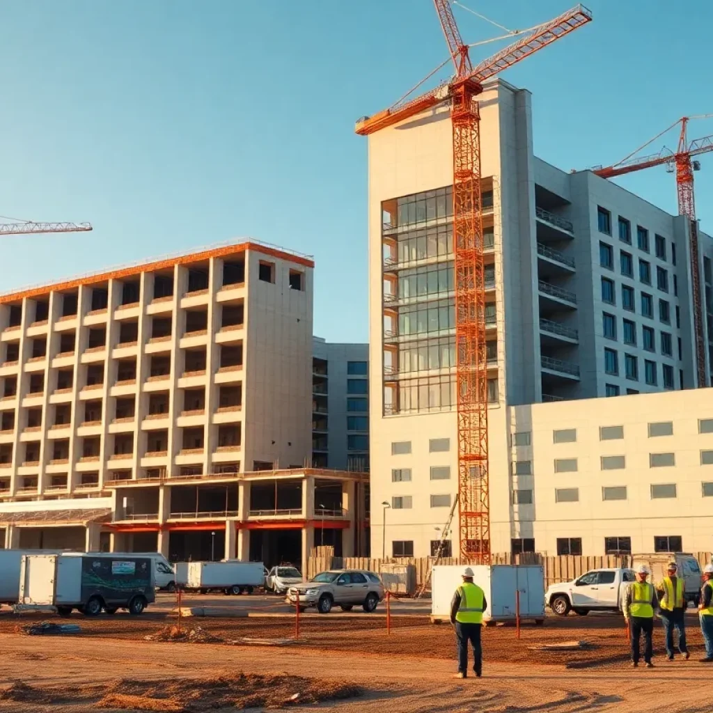 Hospital and medical office construction site with cranes and prefabricated modules
