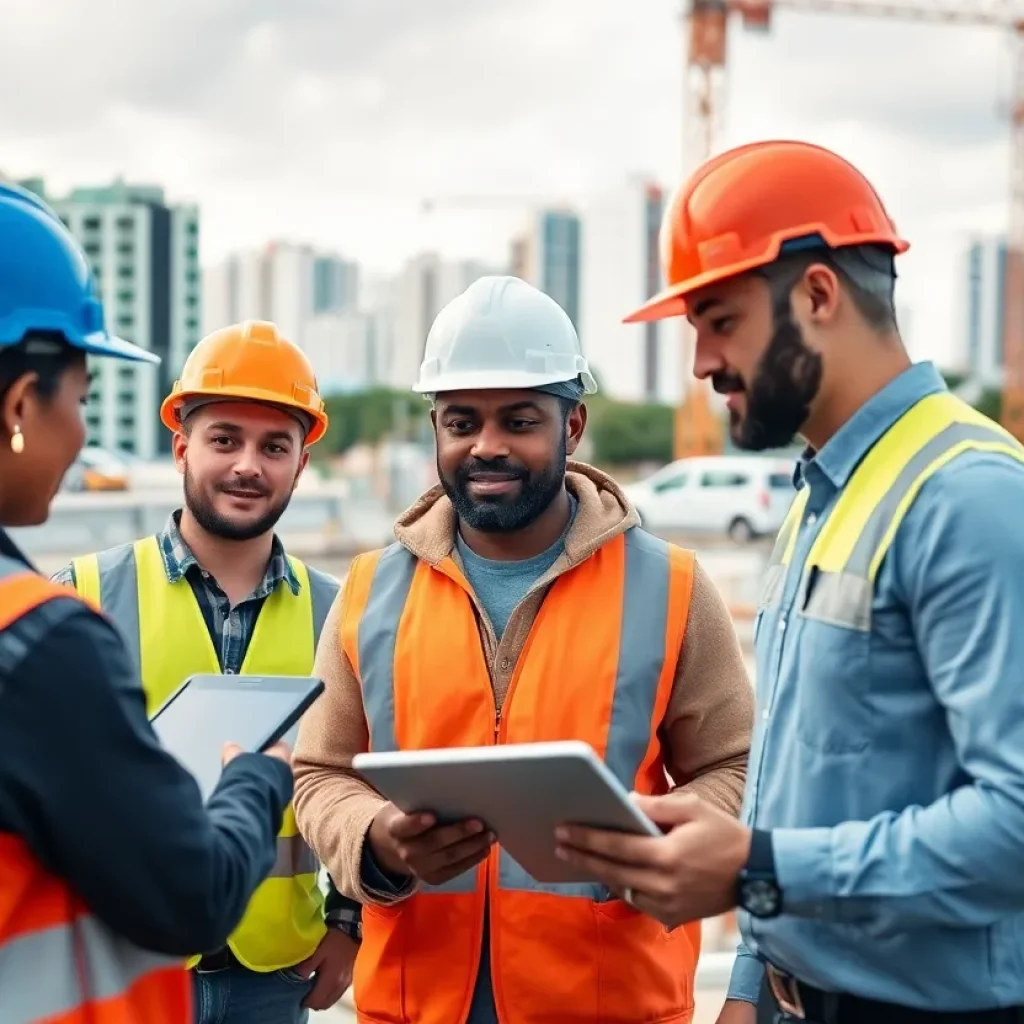 Construction workers collaborating with technology in Miami