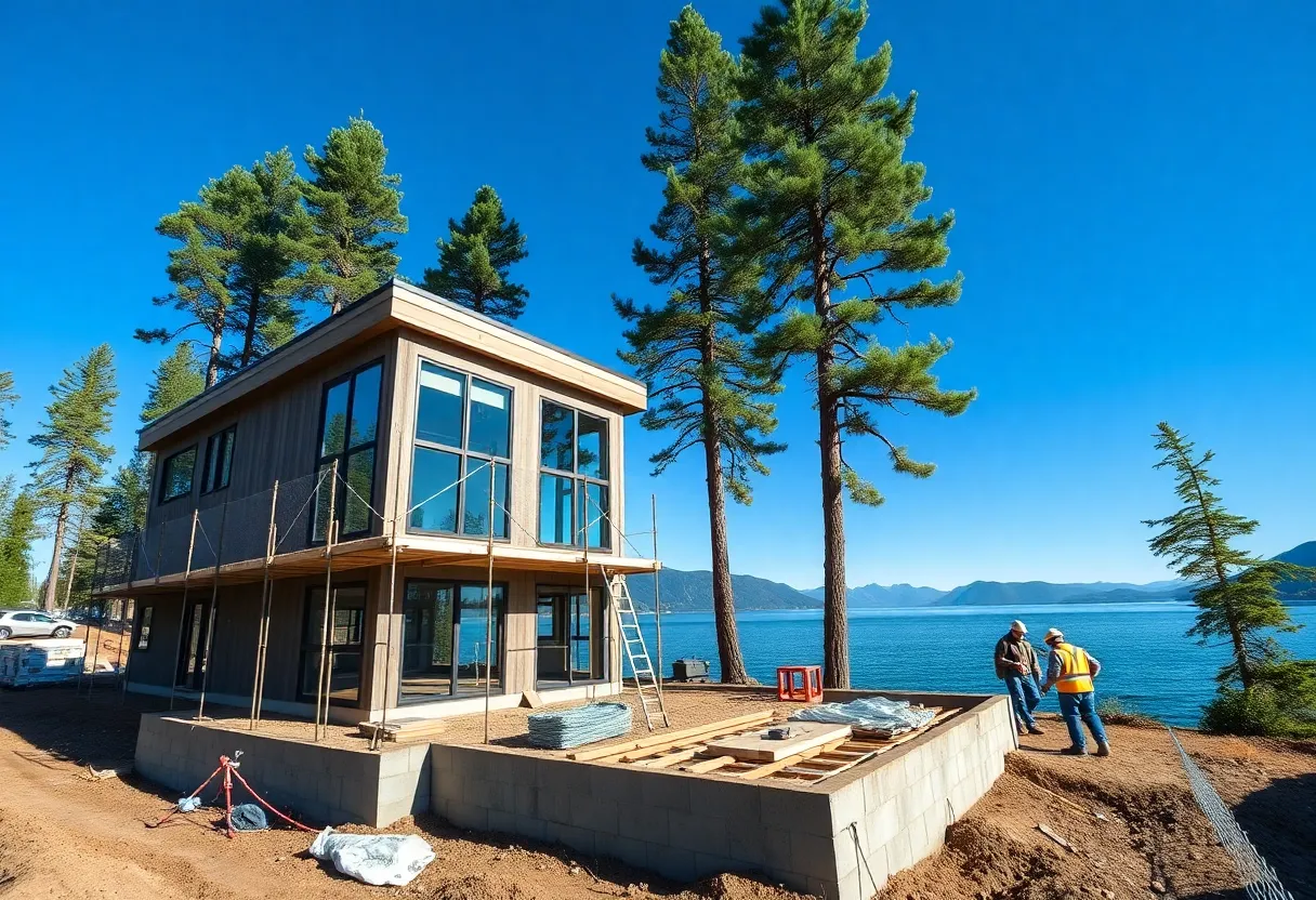 Construction site for 14 townhomes near Lake Tahoe Boulevard with scaffolding and mountain lake in the background