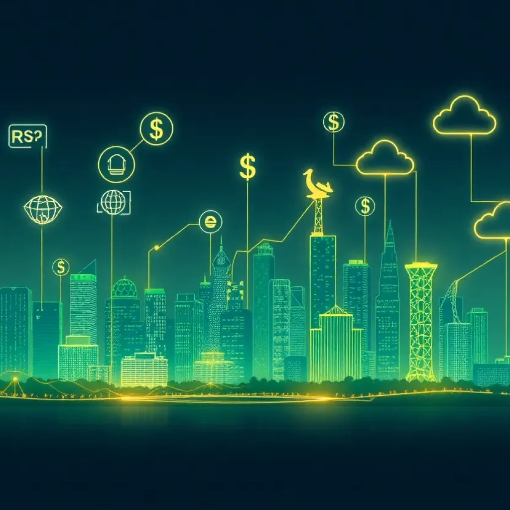 Abstract digital illustration of Brazilian SaaS ecosystem with network lines, currency symbols and growth arrows