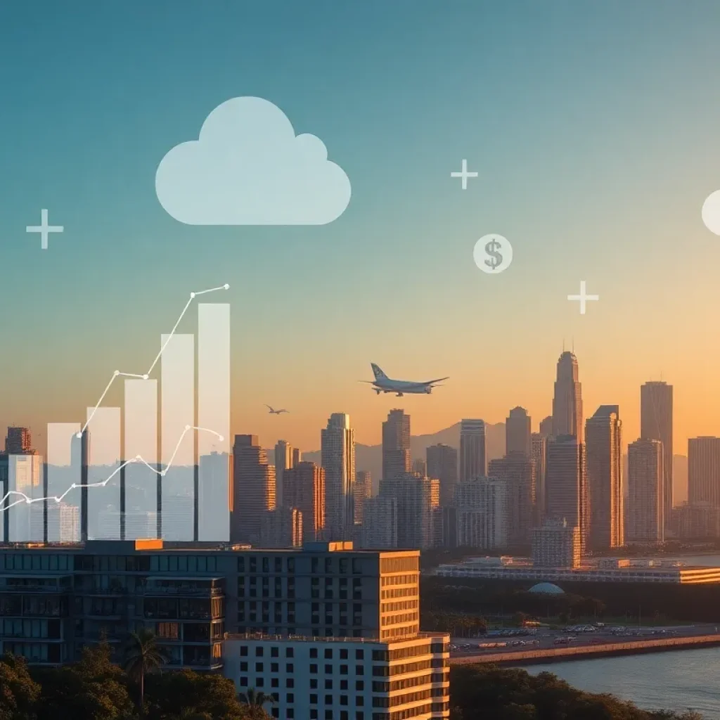 Florianópolis skyline with abstract digital finance and SaaS graphics symbolizing a software investment