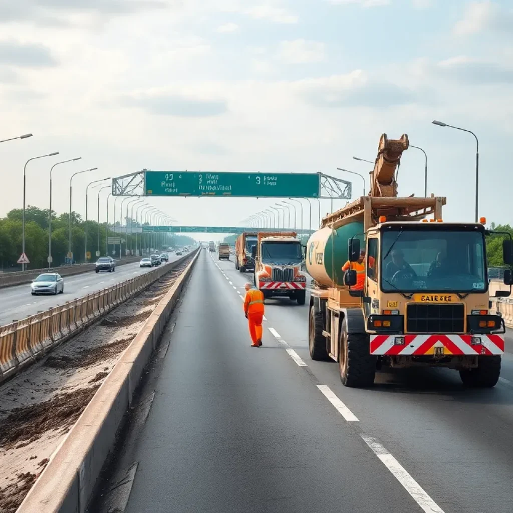 Construction workers on a highway project for surface transportation
