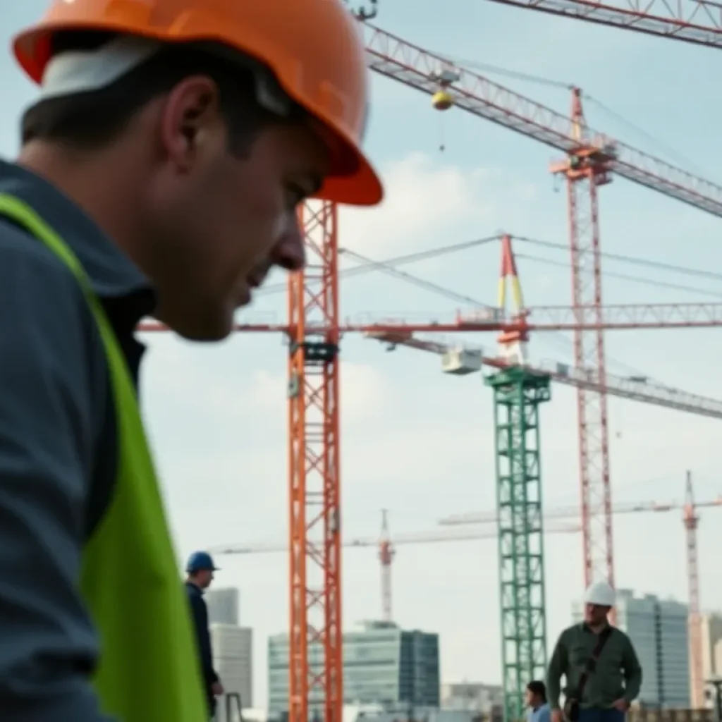 Construction site in Texas with workers and cranes