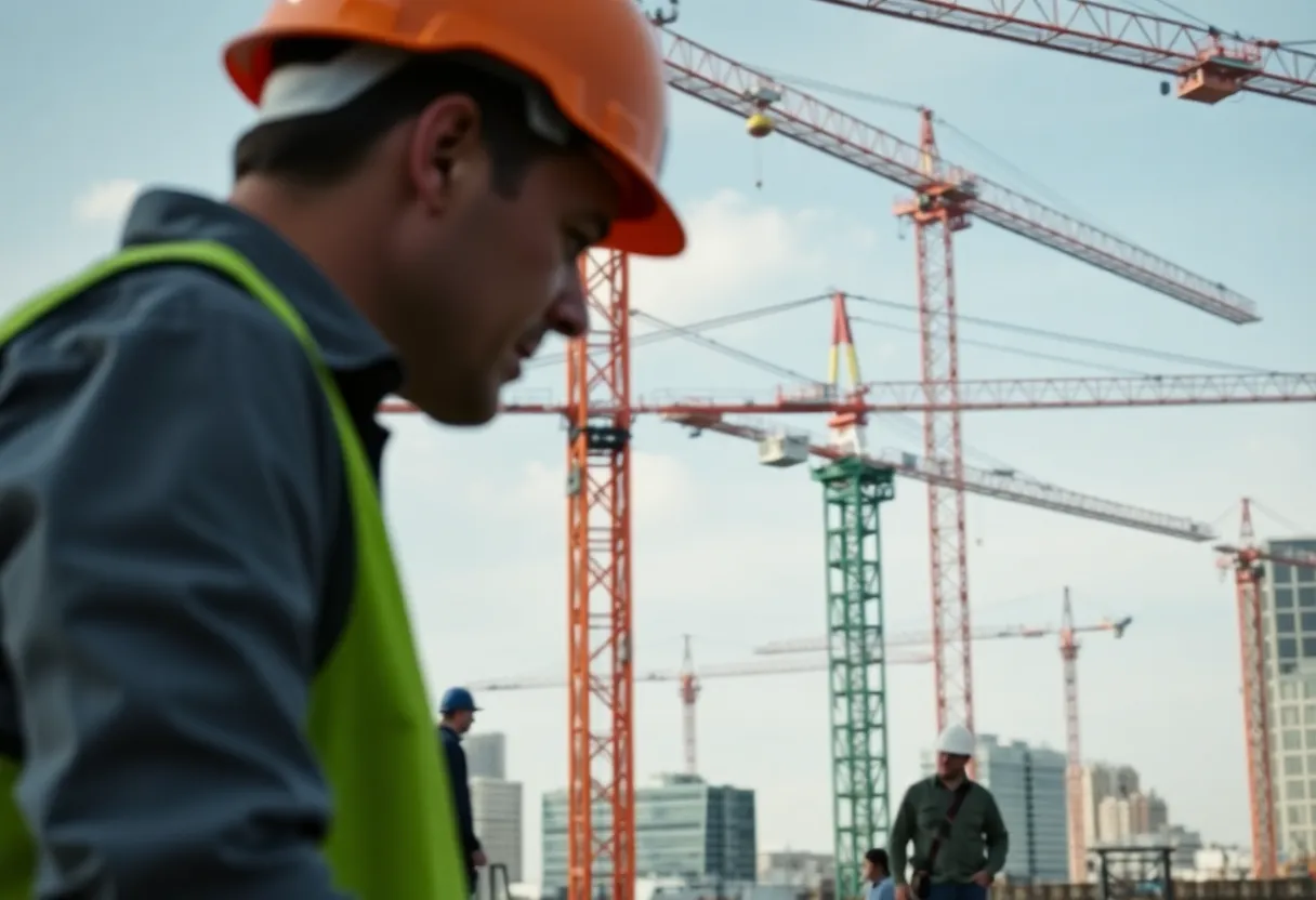 Construction site in Texas with workers and cranes