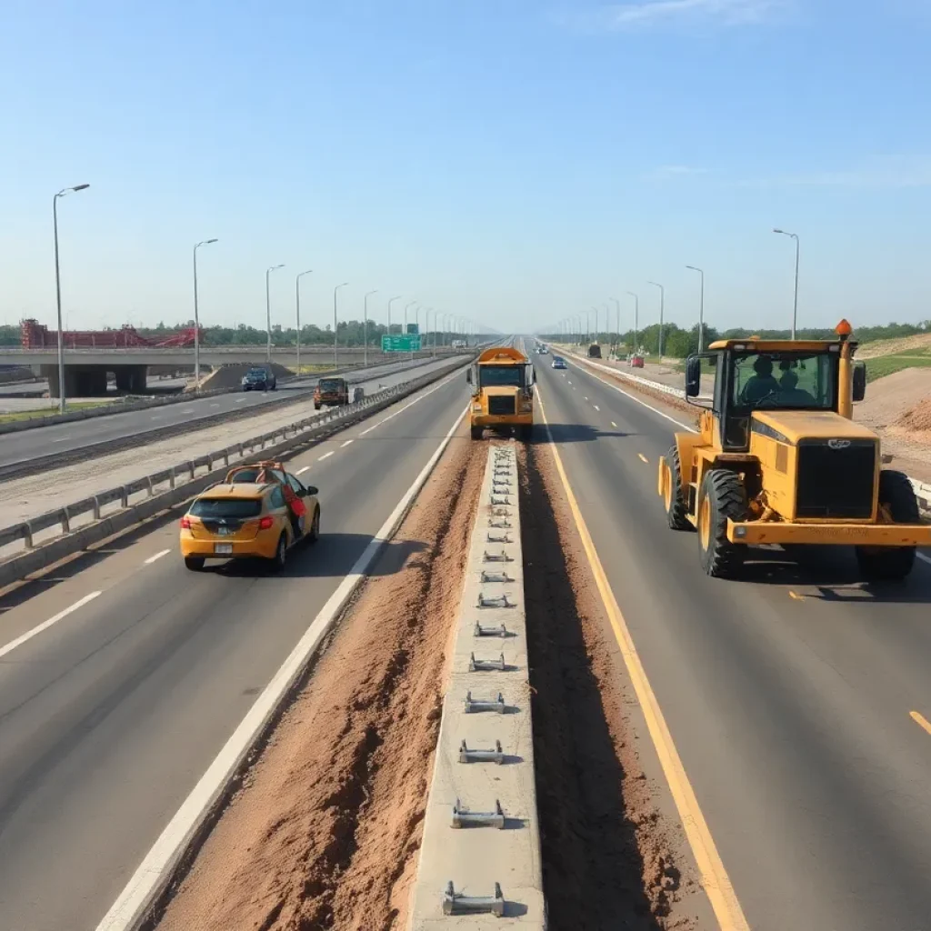 Construction workers and machinery on a Texas highway improvement project.