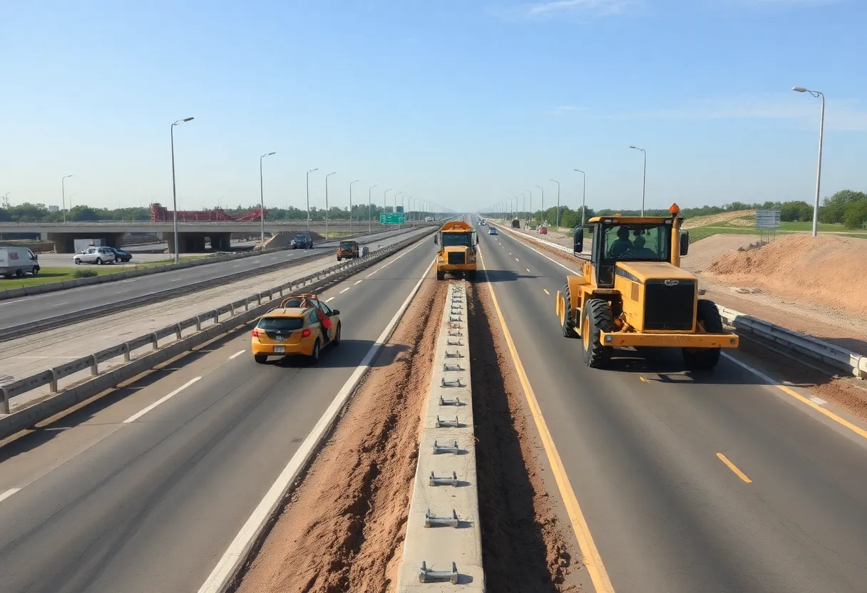 Construction workers and machinery on a Texas highway improvement project.