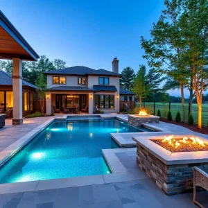 Outdoor living space with pool and landscaping by Texas Innovative Pools