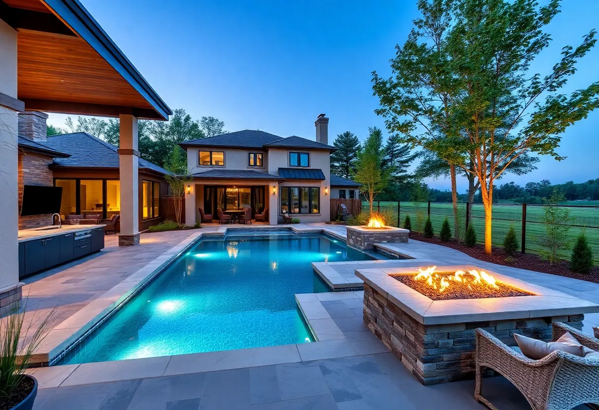 Outdoor living space with pool and landscaping by Texas Innovative Pools