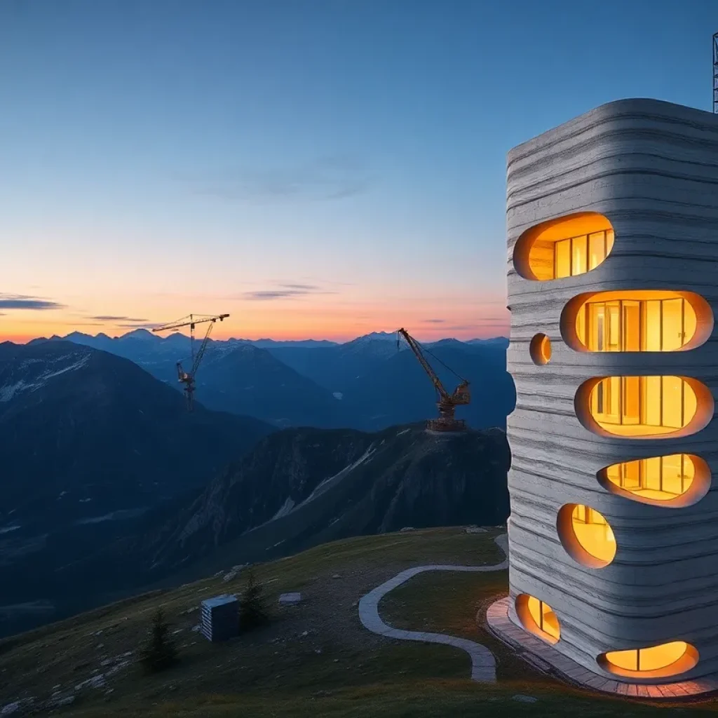 White modular 3D‑printed concrete tower on the Julier Pass with layered printed texture and twisting columns