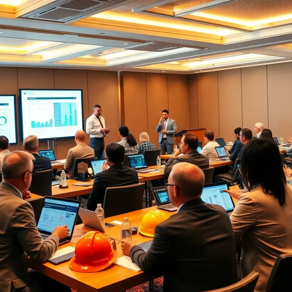 Professionals in a hotel conference room engaged in hands-on construction software training with laptops and instructors.