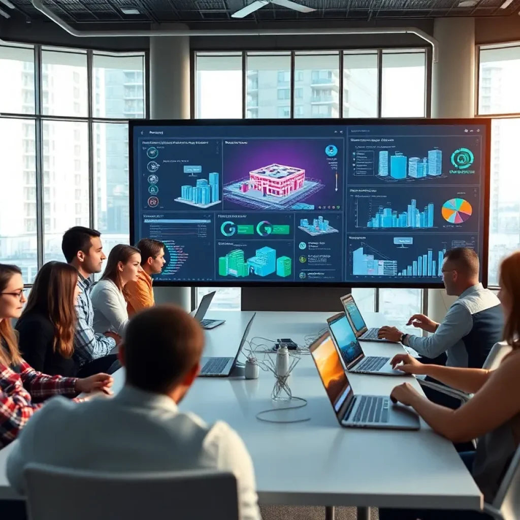 Startup teams and engineers collaborating on software integrations at a modern tech campus meeting space