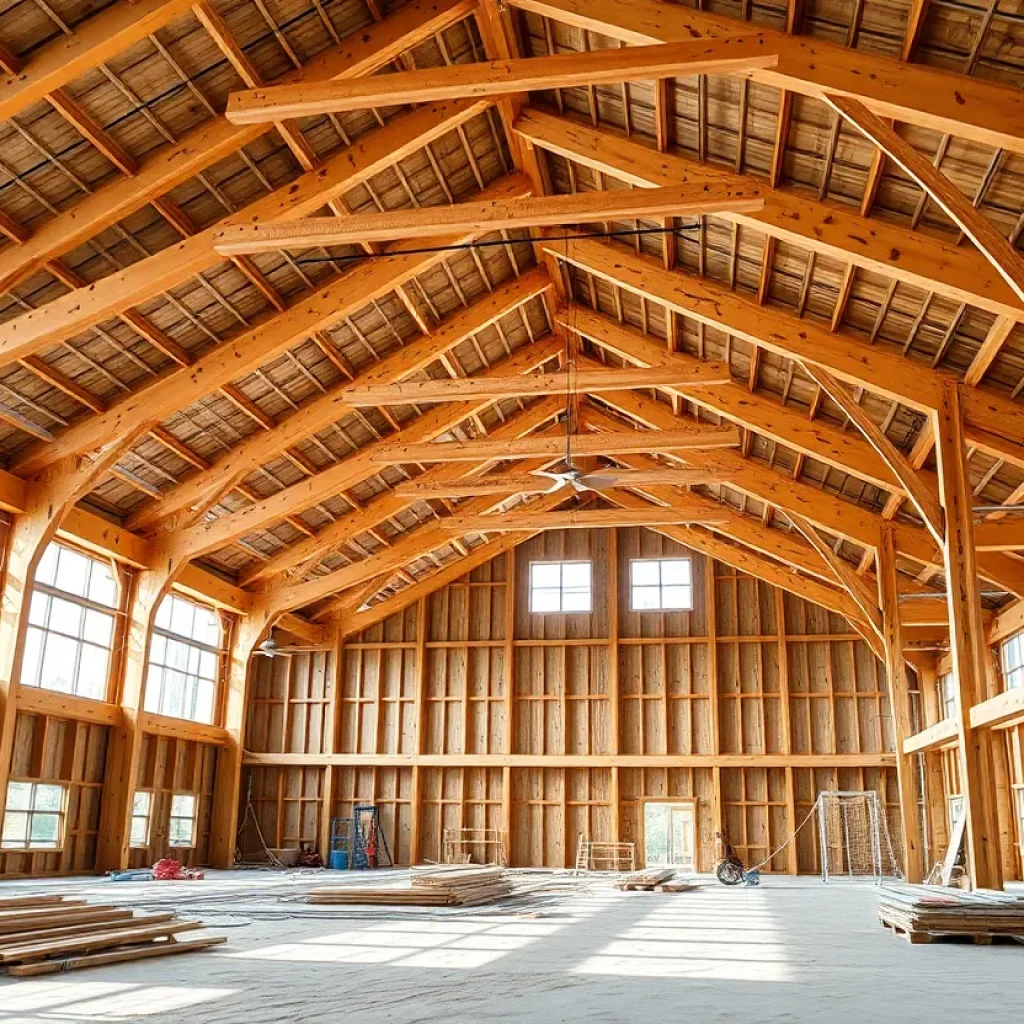Construction site of the Upper Macungie Township Indoor Soccer Facility showing timber framing