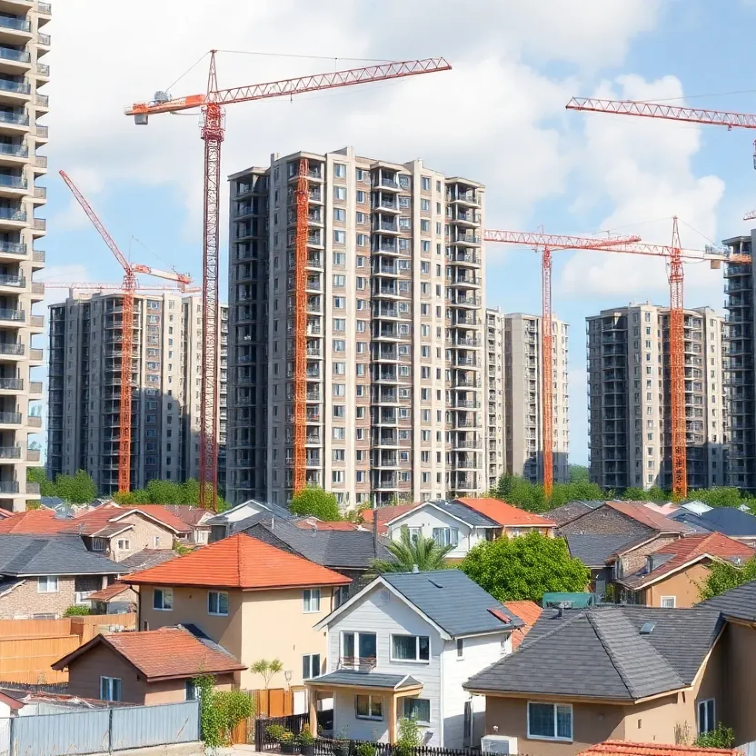 Construction site of a housing development with cranes and urban buildings