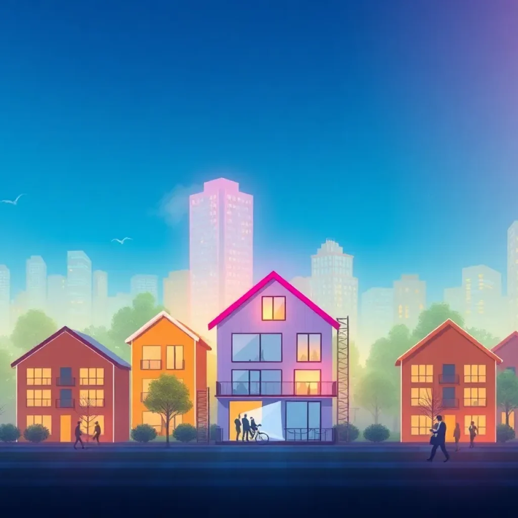 Illustration of the U.S. housing market with various homes and digital technology elements.