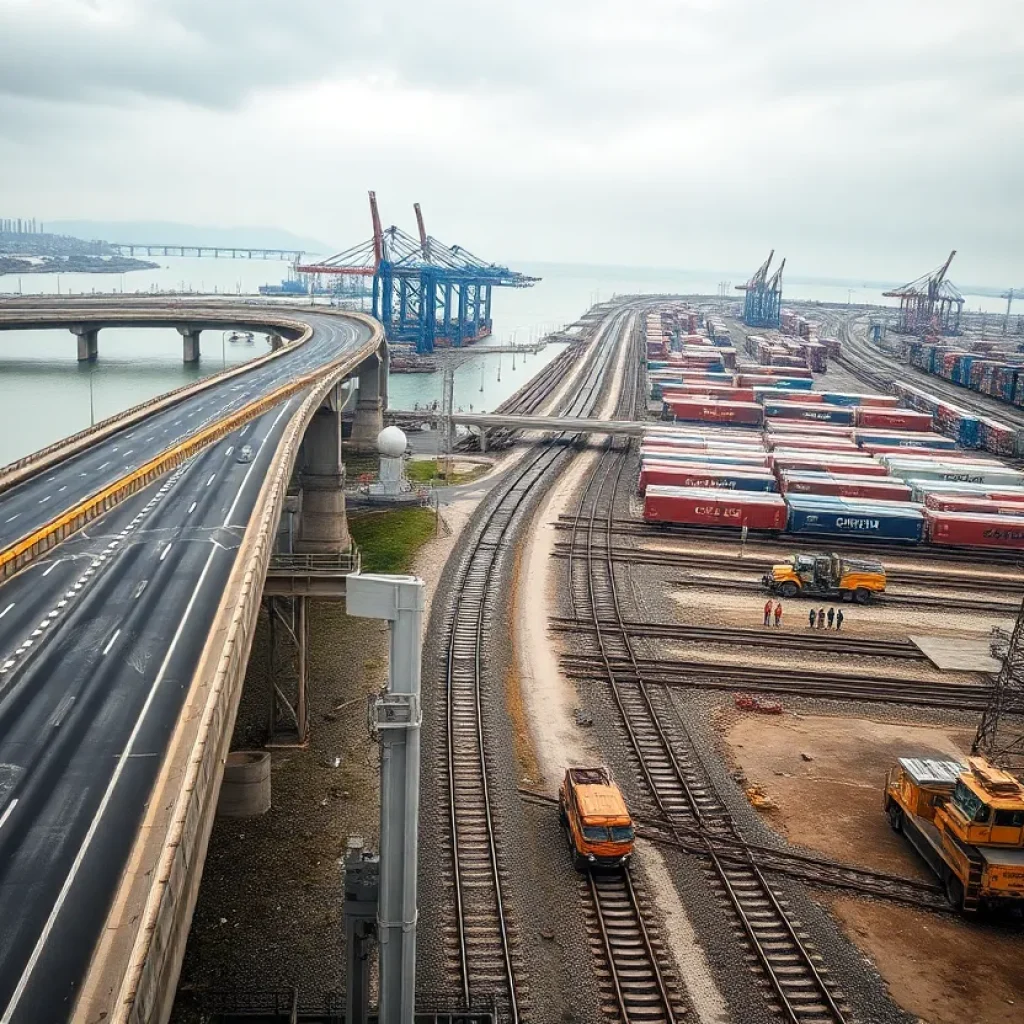 Aerial view of aging highway, port cranes, rail yard and power substation with construction activity