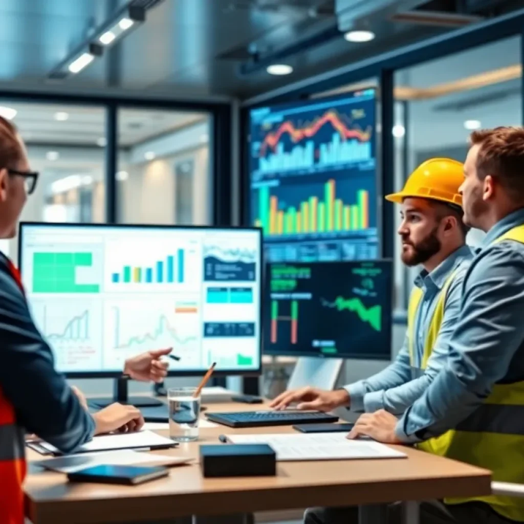 Construction management team utilizing technology for project efficiency