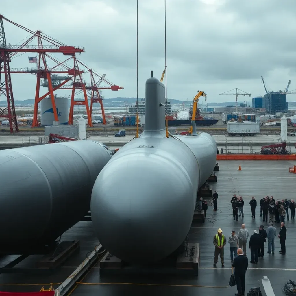 Ceremonial keel laying for USS Wisconsin at shipyard with submarine hull sections, cranes and spectators.