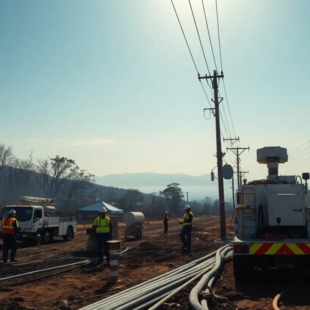 Utility crews restoring power lines and installing underground conduit in a fire-damaged California landscape