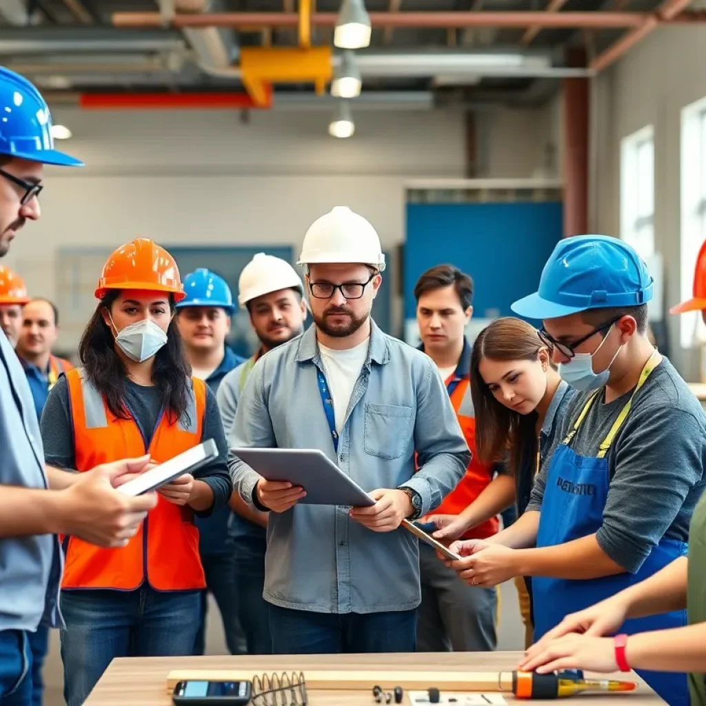 A diverse group of people participating in vocational training activities across different sectors.