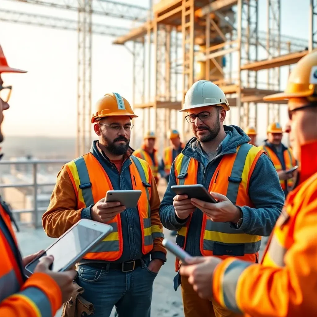 Tradespeople on a European construction site using voice-activated devices with AI data overlays