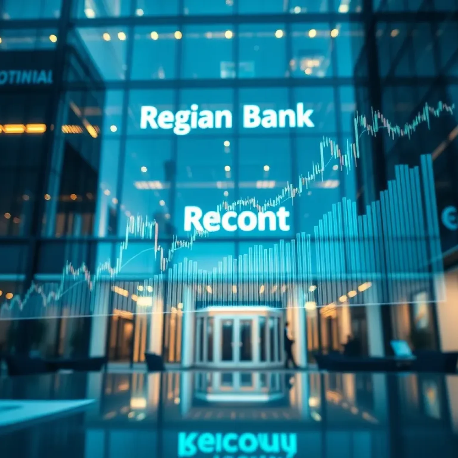 Regional bank headquarters with overlaid stock charts representing institutional investment