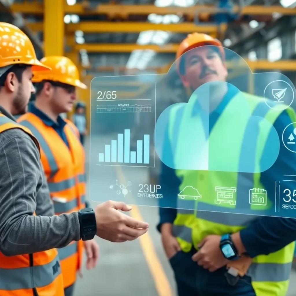 Workers wearing wrist-worn safety devices with cloud analytics overlay in industrial setting
