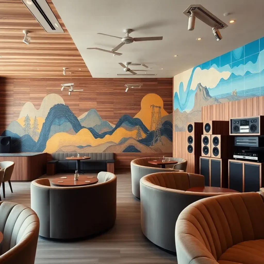 Interior of a West Hollywood restaurant with adjacent vinyl listening lounge, walnut finishes and custom speakers