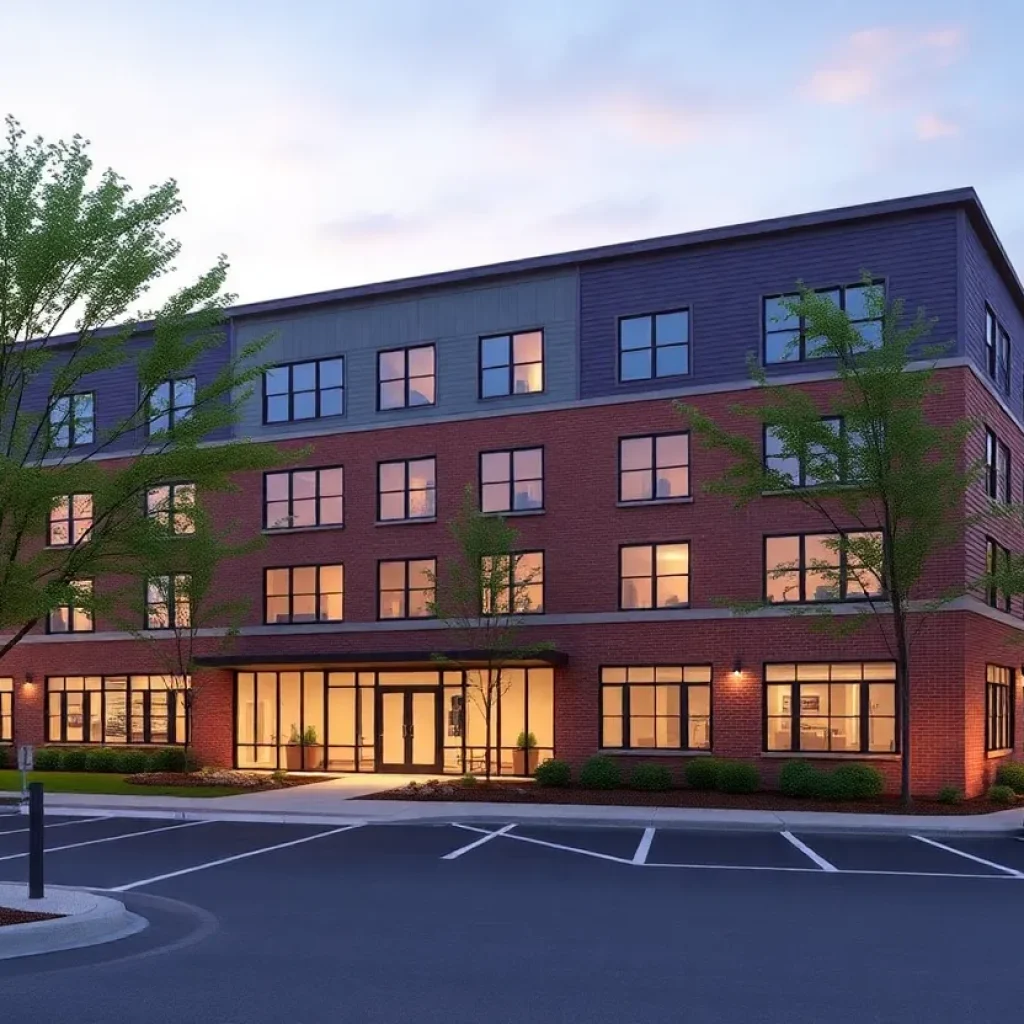 Four-story apartment building exterior with parking and an electric bicycle charging station in a small town center.