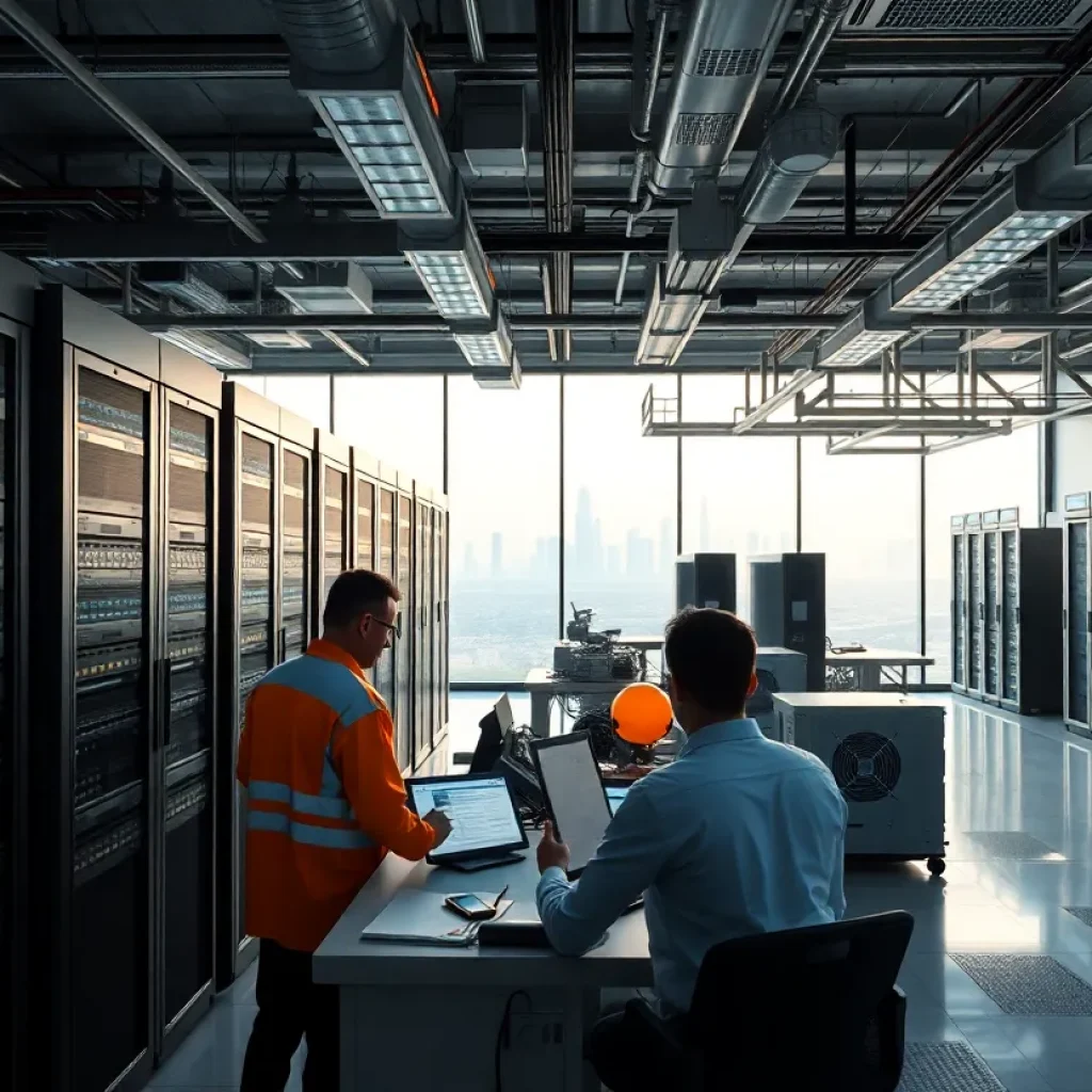 Data centre operations room with engineers, server racks, cooling units and digital dashboards at Yas Island
