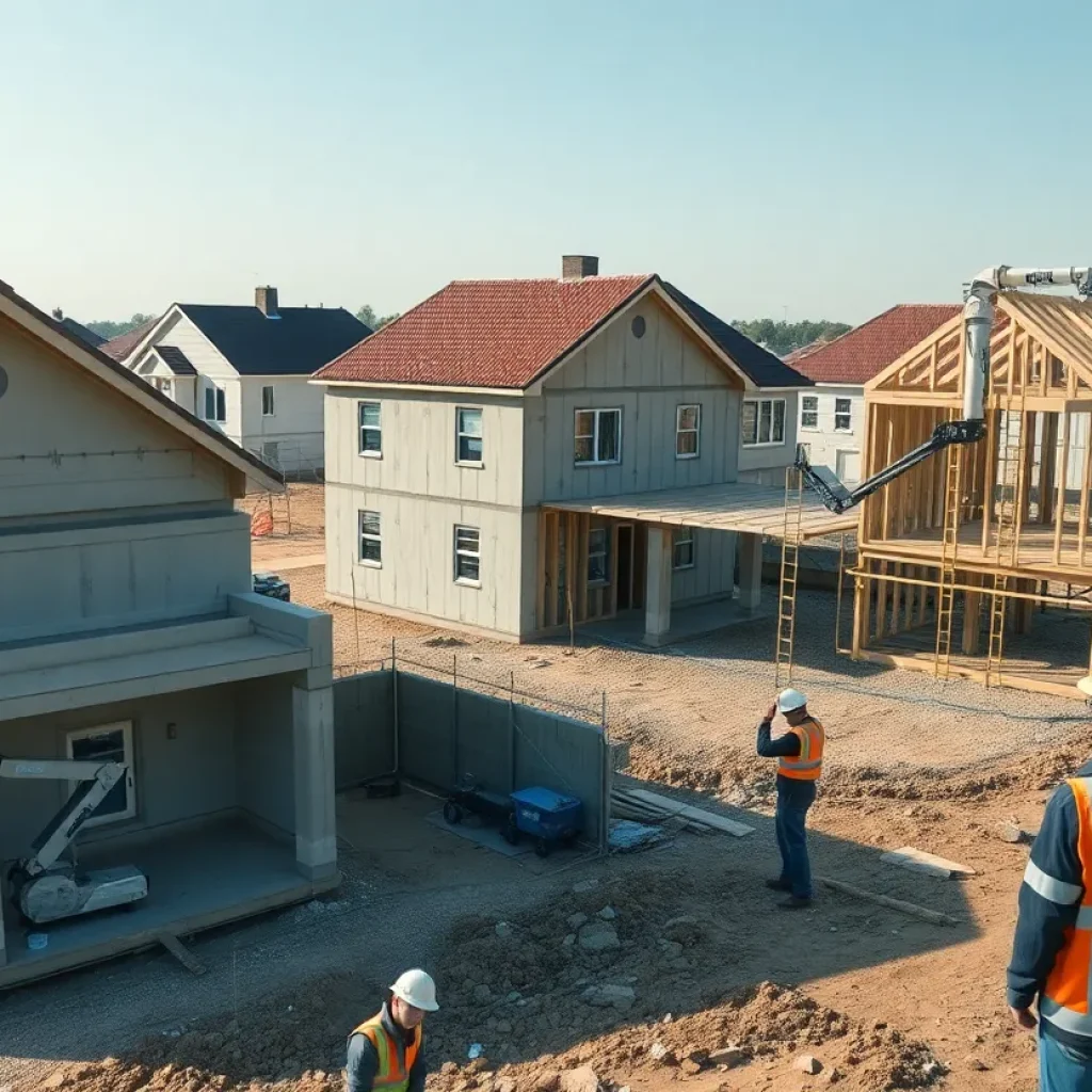 Construction site in southeast Houston with robotic extruder printing layered concrete first-floor walls and panelized second-story framing