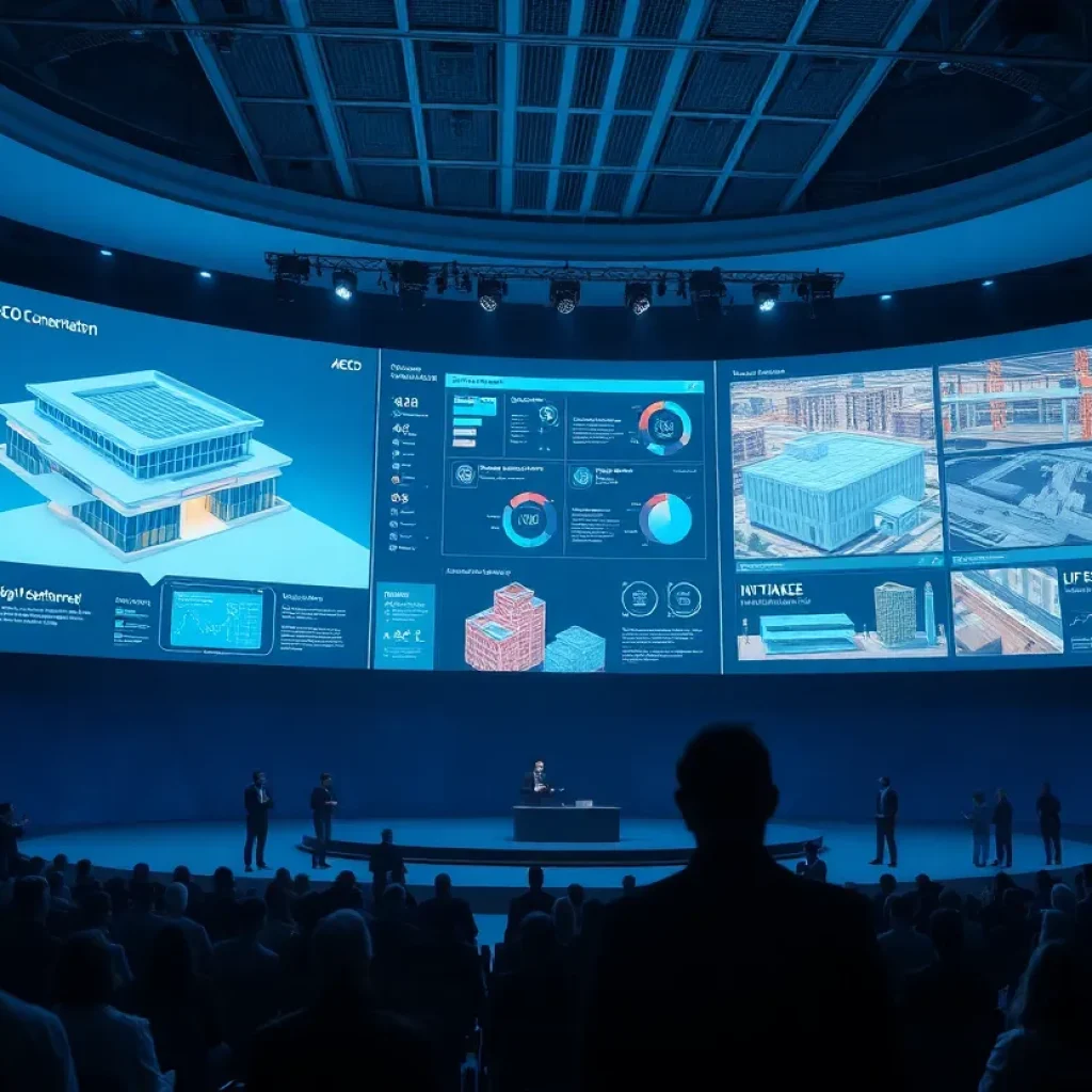 Conference stage showing large screens with cloud-connected AECO software, 3D building models, and analytics dashboards
