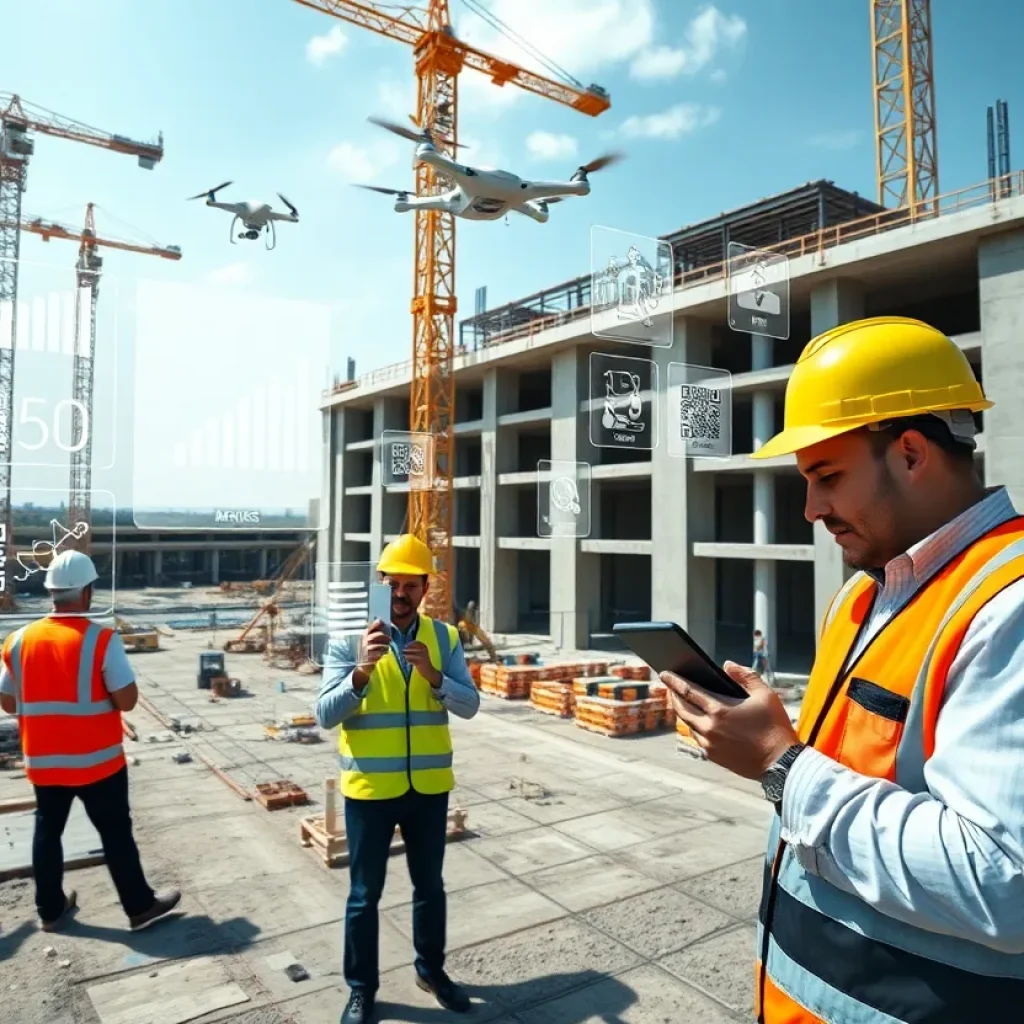 Construction site showing BIM models, AI data overlays and field crews using tablets