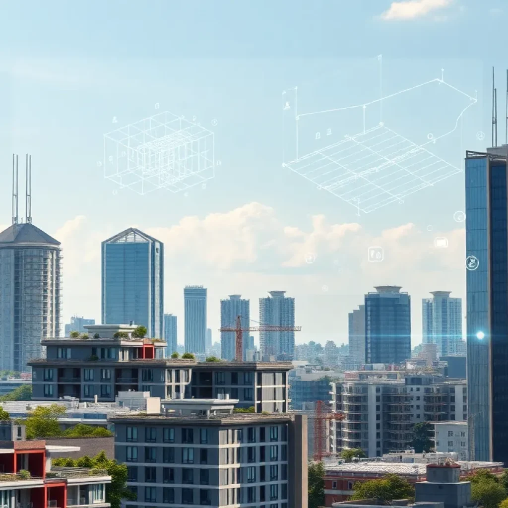 Futuristic cityscape with green roofs, BIM overlays and modular construction components