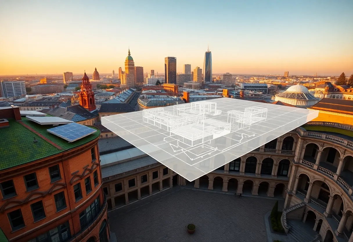 City skyline and design studio with digital building models, green roofs and a light-filled museum courtyard