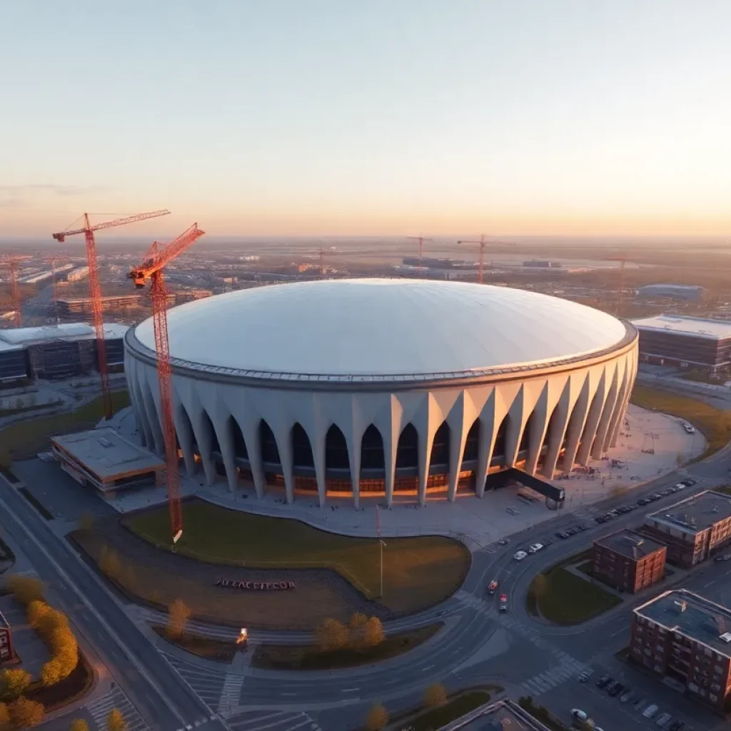 Aerial view of proposed domed stadium and mixed-use development in Arlington Heights