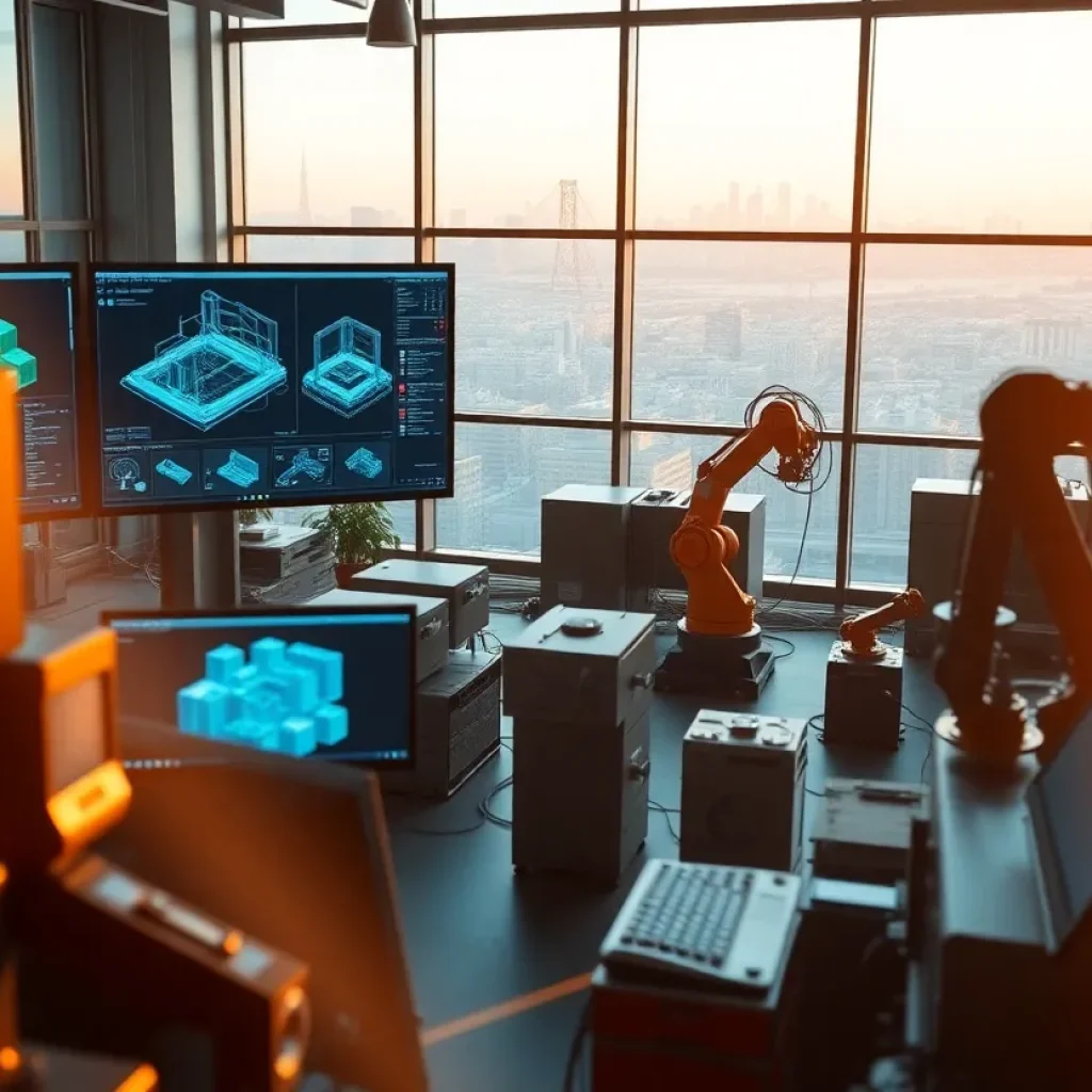 Modern design workspace with CAD software on screens showing automated toolpaths and CNC machines running in the background