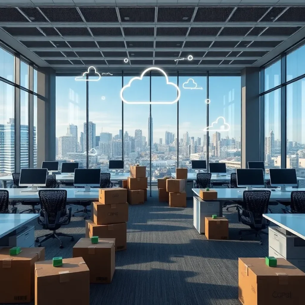 Empty modern office with moving boxes and holographic cloud and AI icons, San Francisco skyline visible through windows