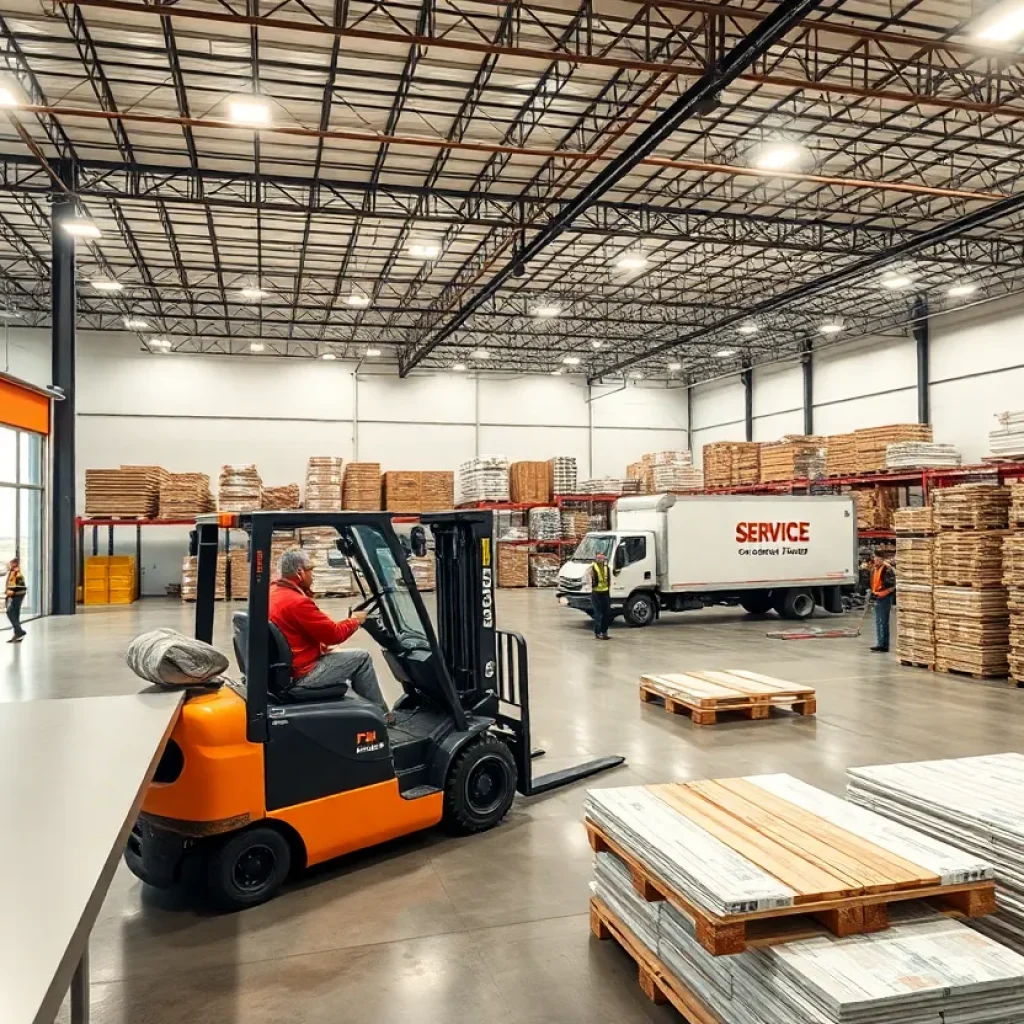 Pro service counter in a big-box home improvement store with delivery trucks and stacked building materials