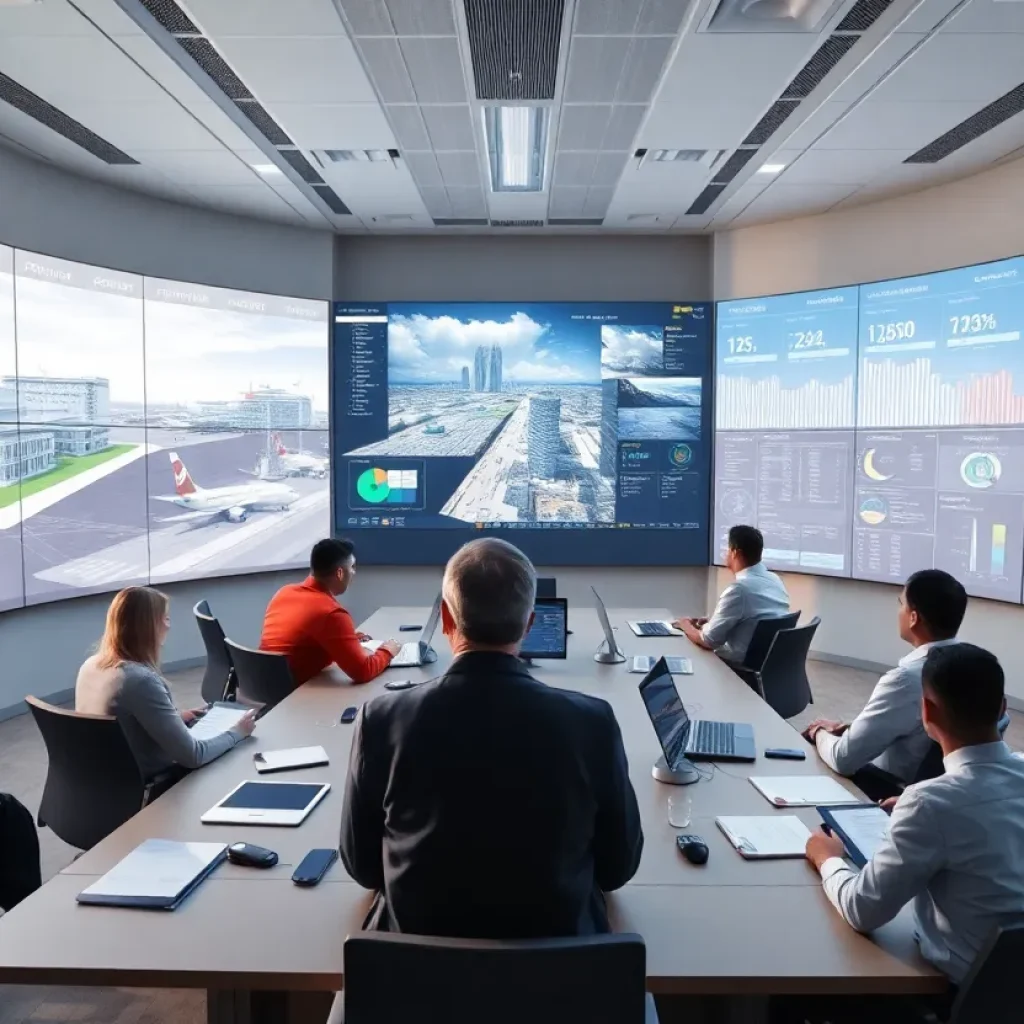 Construction and engineering team reviewing 3D BIM models and dashboards on large screens in an airport control room
