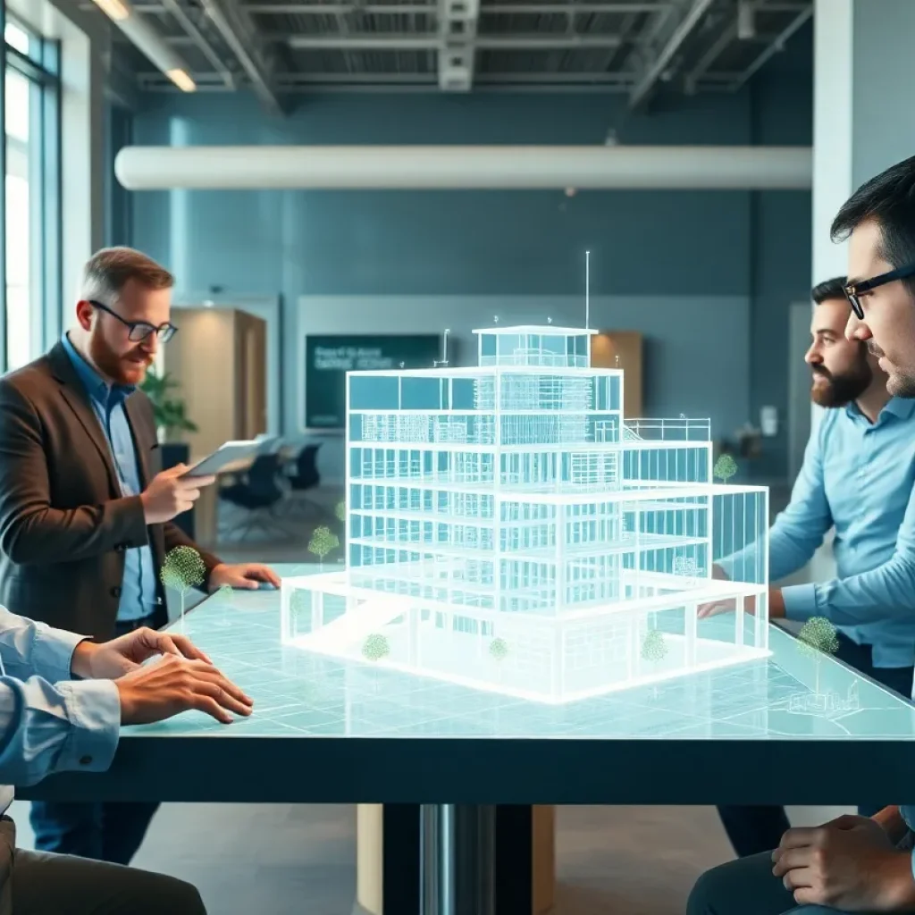 Engineers and architects reviewing a 3D BIM model of a green building on a large display