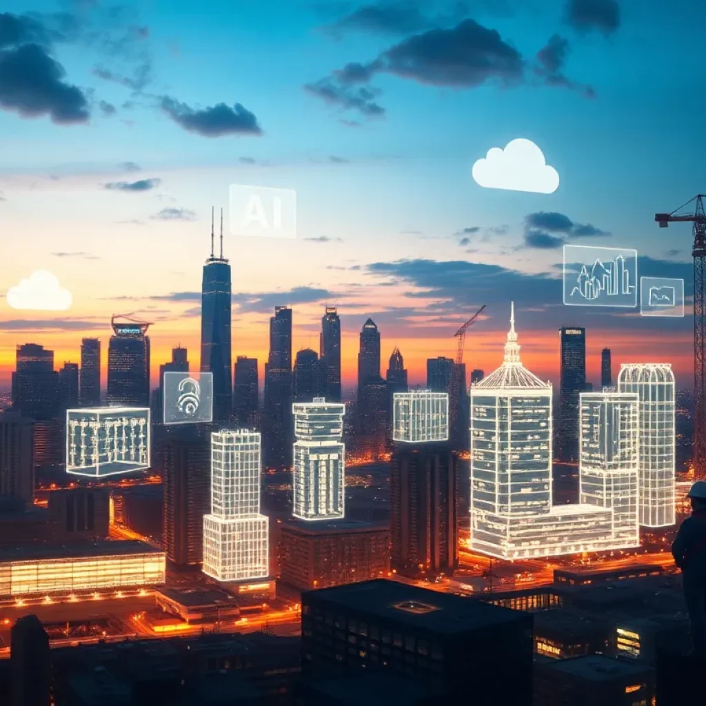 City skyline with translucent BIM models, data overlays and cloud icons representing digital construction and collaboration