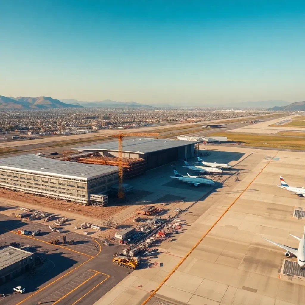 Aerial view of Boise Airport terminal with construction staging, cranes and a new concourse extension
