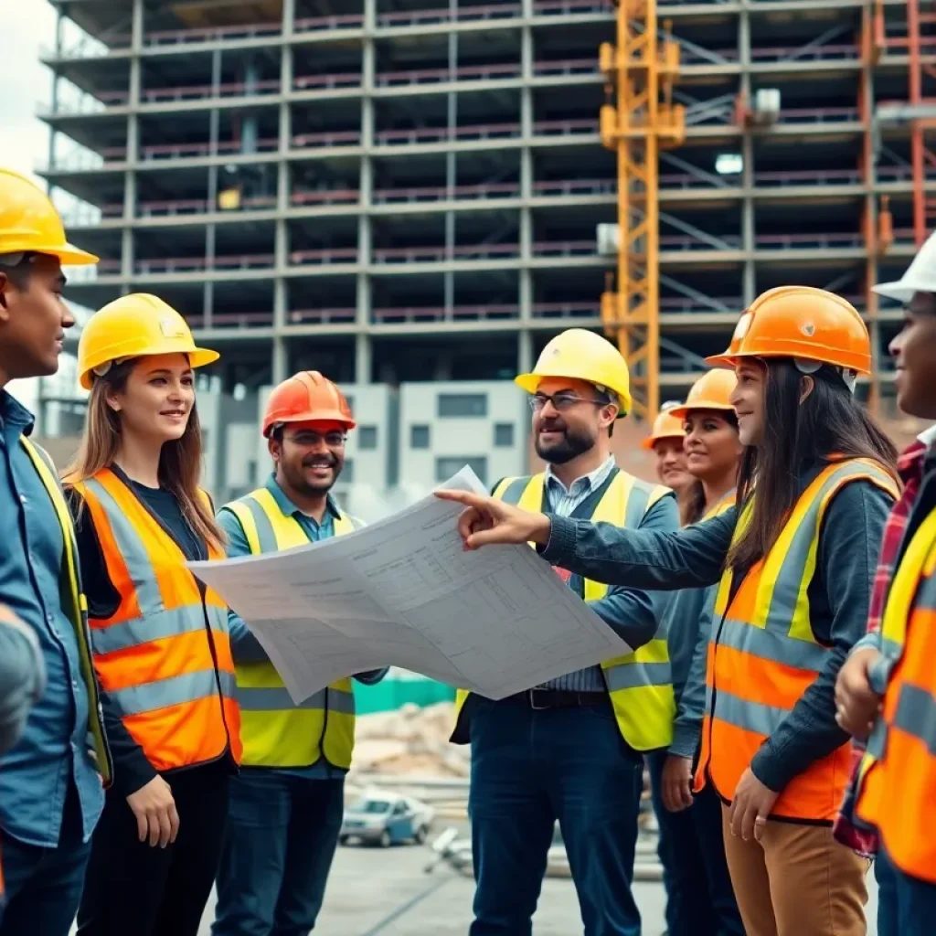 Group of construction interns and supervisors reviewing blueprints on an active job site